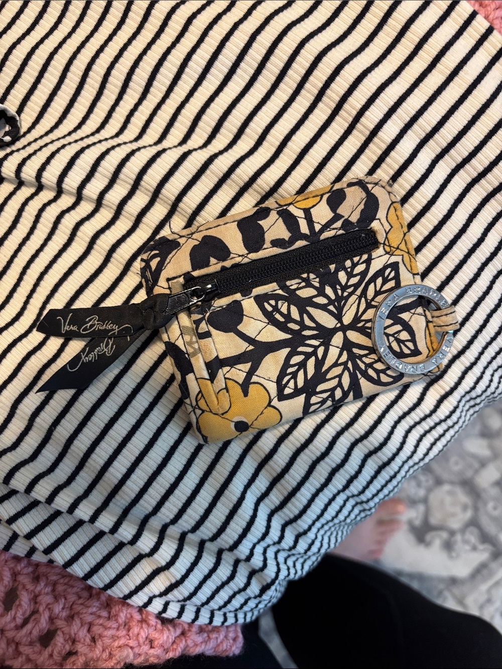 Vera Bradley Yellow and Black Floral Quilted Keyring Coin Pouch